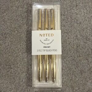 Noted By Post-it  3 Black Felt Tip Pens Gold Barrel